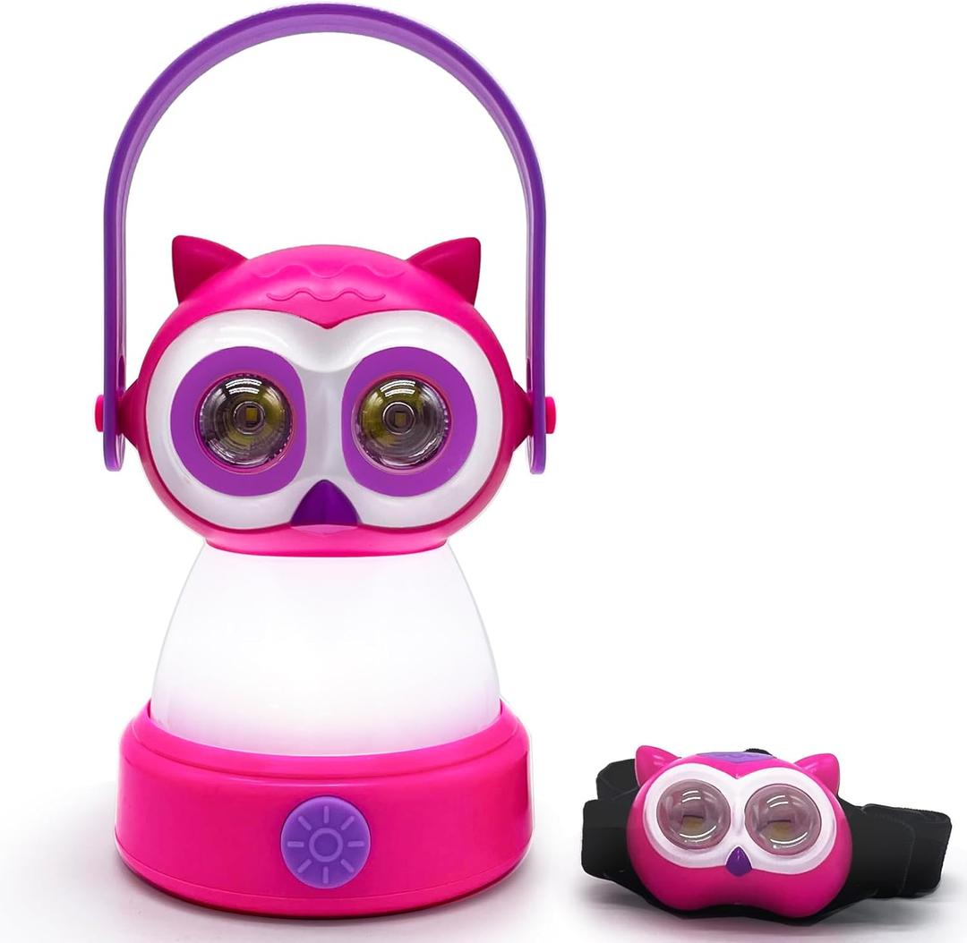 Kids Owl Lantern & Headlamp Set, 2-in-1 360 LED Camping Night Light, Battery Powered 3AA, Child-Safe ABS, Portable Adventure Toy & Bedroom Night-Light (Pink Owl Lantern-Headlmp)