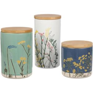 3-pc Decorative kitchen canisters for countertop, Storage containers for Coffee, Sugar, Spice & Dry Food, White 8.3", Pista Green 6.9", Cobalt Blue 4.7"; Ceramic Canister Set with Bamboo lid