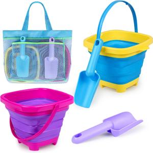 Collapsible Beach Buckets for Kids, 2 Packs Foldable Sand Buckets and Shovels with Mesh Beach Bag, Silicone Sand Pails for Toddlers Beach Toys, Easter Egg Hunt, Camping, Travelling, Fishing Water Pail