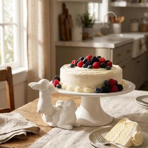 Ceramic Cake Stands Decorative Bunny - Easter Decoration Birthday Cake Display Tray for Wedding Party Graduation Gift Home Decor 8.25 x 6.5 x 3.25 Inch White Cake Plate Newman House Studio