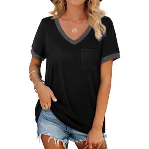 Geifa Womens T Shirts Short Sleeve V Neck Loose Casual Summer Tops with Pocket (X-Large, Black)