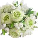 3 x 2 Bunches Green Peony Artificial Flowers for Decoration Small Faux Rose Fake Bouquet Silk Arrangements Table Centerpiece for Vase Cake Topper Bridal Baby Shower (2, Green White)