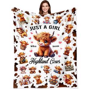 Highland Cow Blanket Gifts for Women Girls Ultra Soft Flannel Highland Cow Print Throw Blanket Cows Lovers Gifts Birthday Decor for Kids Adults Stuff 50"x40", 7 PCS Queen Flat Fitted Sheet