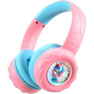 Kids Bluetooth Headphones, Rainbow LED Light, Unicorn Buddy, 85dB Volume Limited, 60 Hours Playtime, Bluetooth 5.3, USB C, Kids Wireless Headphones for iPad/Tablet/Travel/School, Durable, Pink