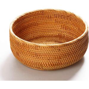 Hadewoven Round Rattan Fruit Basket Wicker Food Tray Weaving Storage Holder Dinning Room Bowl, 10 Inch Woven Bread Basket Key Bowls with 4Wall for Table, Countertop, Large 9.8", Beige 