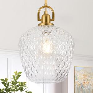 Brushed Gold Pendant Lights Kitchen Island, 10" Large Glass Pendant Light with Hammered Glass, Modern Hanging Lighting Fixtures for Kitchen Island Dining Room Entryway Foyer