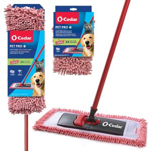 O-Cedar Pet Pro Microfiber Hair & Dust Mop + 1 Mop Head Replacement | 3X Pet Hair Removal* | Electrostatic Dry Dust Mop for Dog & Cat Homes | Hardwood, Tile & Hard Floor Cleaning