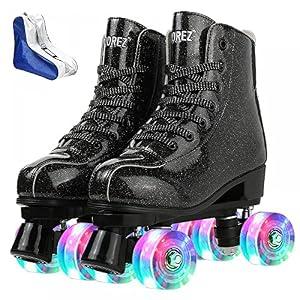 Roller Skates for Women Men Shiny PU Leather High-top Roller Skate Shoes for Beginner Classic Double-Row Roller Skates, Indoor Outdoor Roller Skates (Crystal Black Flash Wheels, 40)