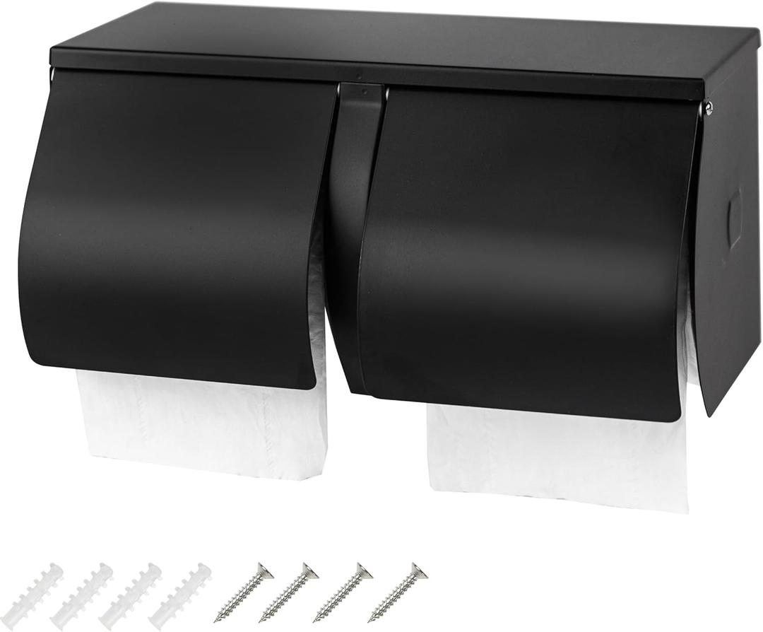 Double Roll Toilet Paper Holder Dispenser with Shelf Storage-Commercial 2-Roll Side by Side Stainless Steel Toilet Tissue Holder/Dispenser Wall Mount for Bathroom/Restroom(Black