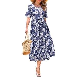 STYLEWORD Women's Summer 2025 Casual Short Sleeve Tiered Flowy Spring Dress Long Midi Beach Sundress Vacation Outfits (X-Large, Blue Purple White Floral)