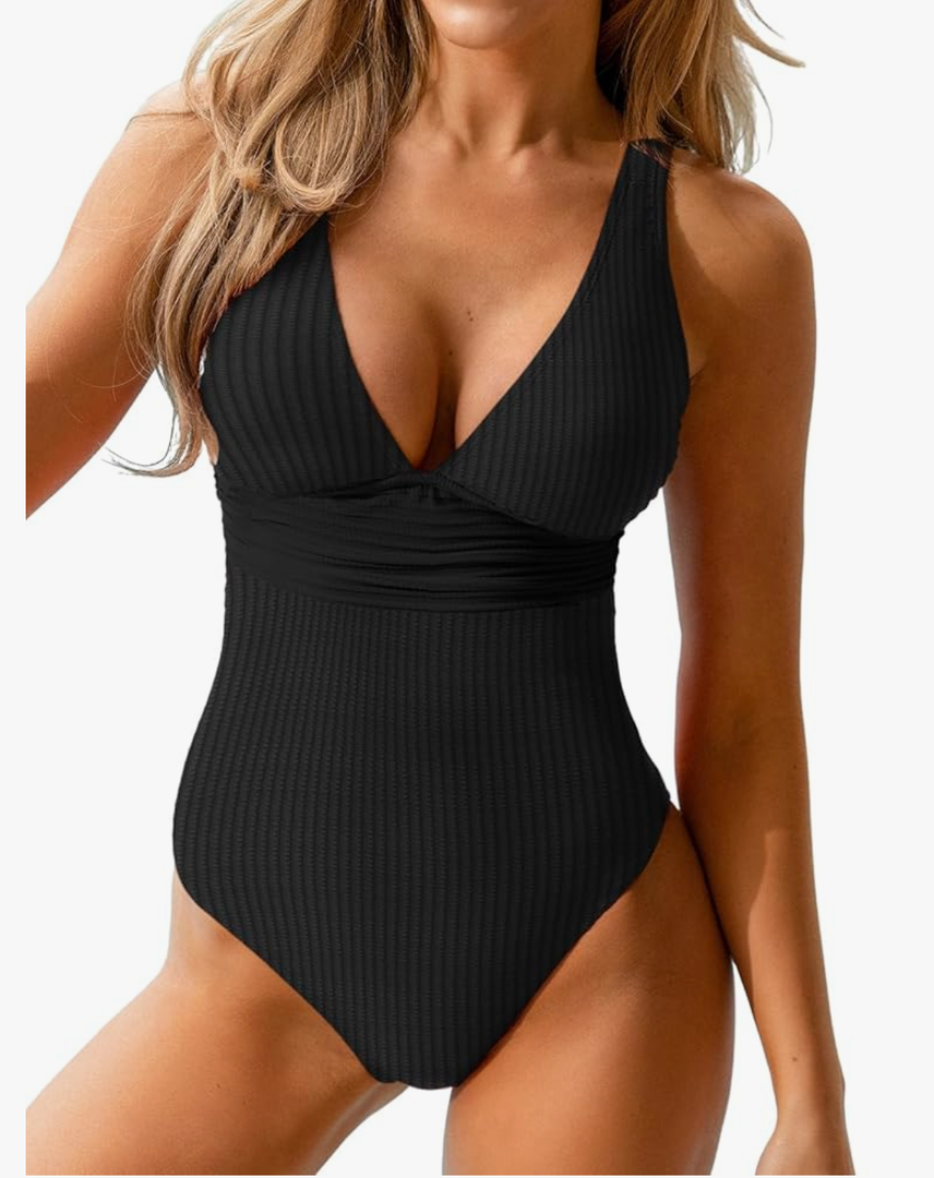 CUPSHE Women's One Piece Swimsuit Wide Straps V Neck Ruched Textured Ribbed Twist Back.Size L