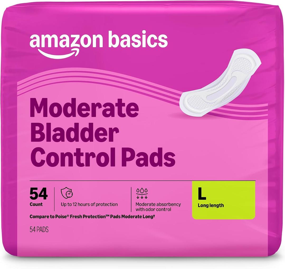 Amazon Basics Incontinence, Bladder Control Pads for Women, Moderate Absorbency, Long Length, 54 Count, 1 Pack