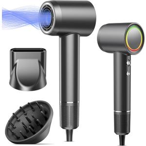 Hair Dryer, 160000 RPM Professional High Speed Ionic Blow Dryer, 500 Million Negative Ions & Heat-Control & Low Noise Hairdryer with Magnetic Diffuser for Fast Drying All Hair Types, No Heat Damage (Silver Black)