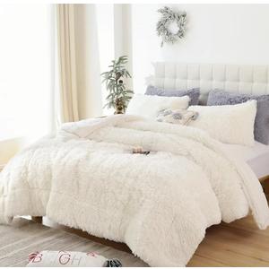 Smoofy Fluffy Queen Comforter Set, Faux Fur Comforter Set Queen Size, Luxury Fuzzy Bedding Set, Soft Shaggy Bed Set for All Season, 3 Pieces - 1 Comforter & 2 Pillowcases, Beige
