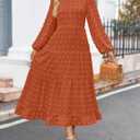 ZESICA Women's Spring Long Sleeve Maxi Dresses 2026 Crew Neck Swiss Dot Tiered Flowy A Line Wedding Cocktail Party Dress (Orange)