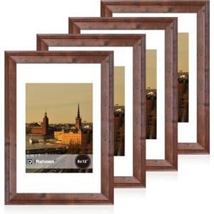 iRahmen 8x12 Vintage Picture Frame with Mat 6x8 - High Definition Real Glass Wooden Photo Frames for Tabletop Display and Wall Mounting (Brown, Set of 4)