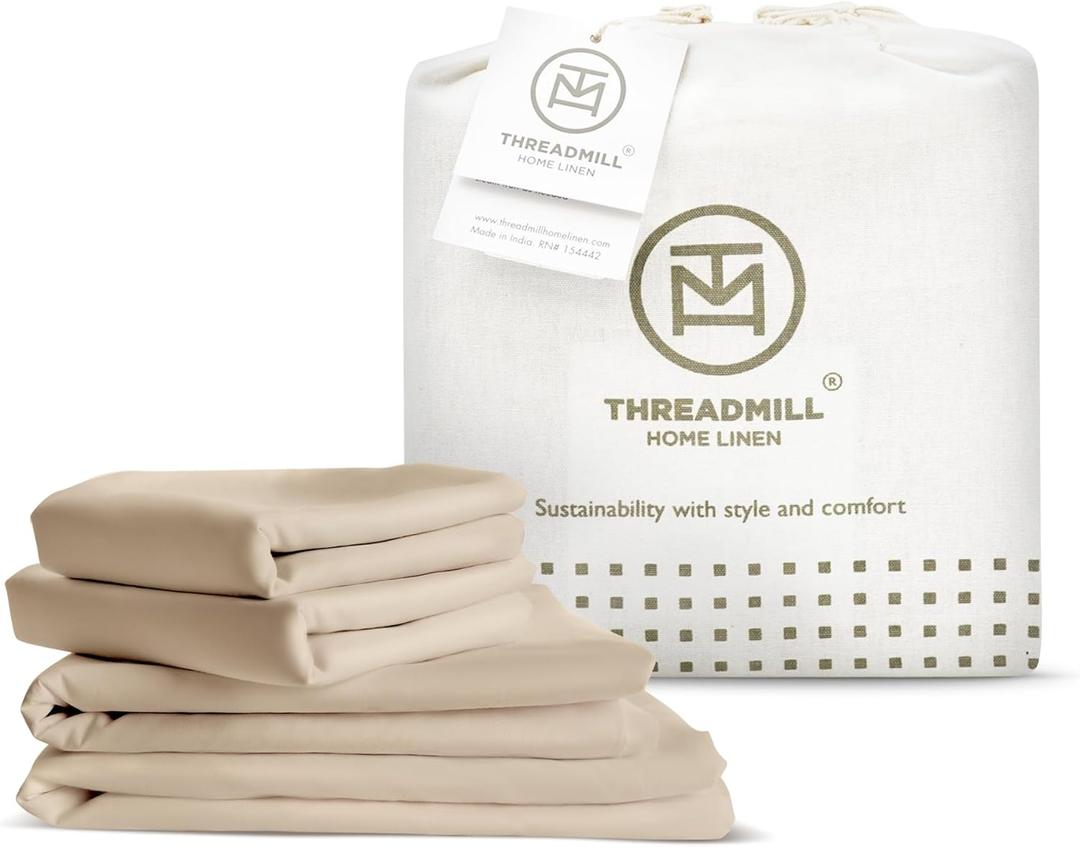 Threadmill Rayon Bamboo Queen Sheet Set - Rayon Bamboo Sheets for Queen Size Bed, 4 Piece Beige - Silky Soft, Cool, Lightweight, Breathable - 16 Inch Deep Pocket - Moisture Wicking & Cooling