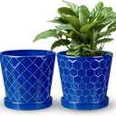EFISPSS 6 Inch Pots for Indoor Plants,Ceramic Plant Pots,Planters with Drainage Hole and Saucer, Flower Pots Desktop Office Windowsill Decoration Gift Set of 2 - Sapphire Blue