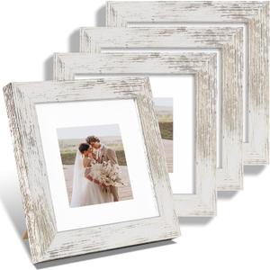 6x6 Picture Frame Set of 4, Made of Glass and Distressed White Wooden Frame - Display Picture 4x4 with Mat or 6 x 6 Without Mat, 6x6 Photo for Wall or Tabletop (6x6 in)