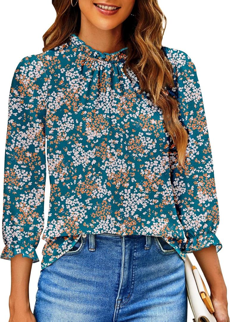 SimpleFun Womens Blouses 3/4 Sleeve Ruffle Neck Printed Business Casual Tops Flowy Dressy Work Shirts