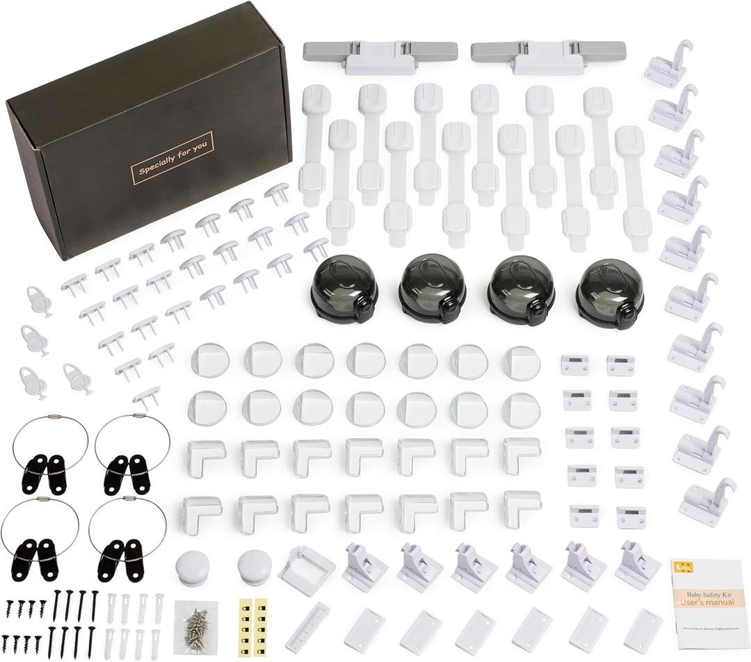 Baby Proof Kit, 112 Packs Baby Proofing Essentials Set - Magnetic Cabinet Locks, Corner Guards, Outlet Plug, Furniture Straps, Door Lever Lock - Child Safety Kit for Cabinets, Stove, Furniture