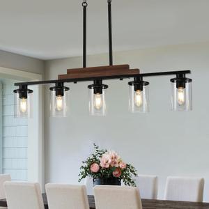 5-Light Dining Room Light Fixture Over Table, Farmhouse Kitchen Island Lighting, Linear Chandelier with Clear Glass Shades, Modern Rustic Wood Chandelier with Adjustable Height (Black)