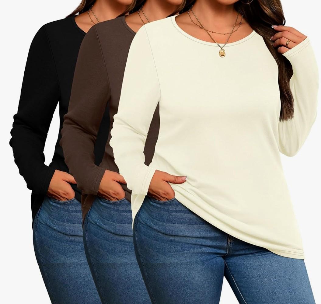 3 Pack Women's Plus Size Cotton Shirts, Scoop Neck Long Sleeve Casual Tops Form Fitting Knitted T-Shirts Blouses, XXL