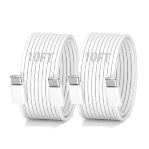 10FT USB C to USB C Cable 60W,2Pack Type C Charger Cable Fast Charging Cord for iPhone 16 15 Pro Max Plus iPad Pro Air Mini MacBook Air,White