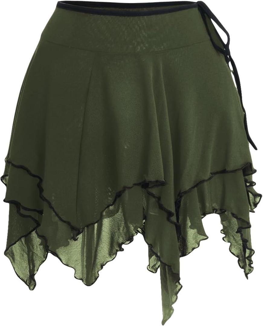 Verdusa Women's Y2k Renaissance Skirt Asymmetrical Hem Flowy Tierd Layer Fairy Goth Rave Outfits (Army Green) S