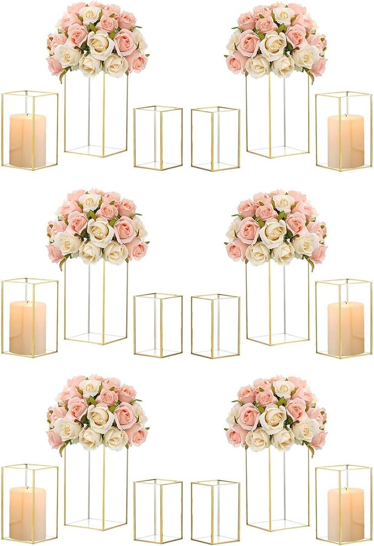 Hewory Glass Hurricane Candle Holder Set of 18, Gold Large Hurricane Centerpiece for Table, Tall Floor Square Pillar Candle Holders Lantern Set for Wedding, Anniversary, Party, Fireplace, Dining Room