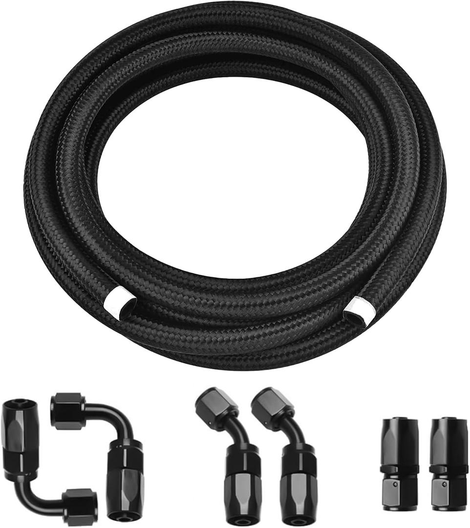 4AN Fuel Line Kit, AN4 10FT Nylon Stainless Steel Braided Oil Gas Fuel Hose CPE with 6 Pcs Swivel Hose End Fittings Adapter Kit - Black