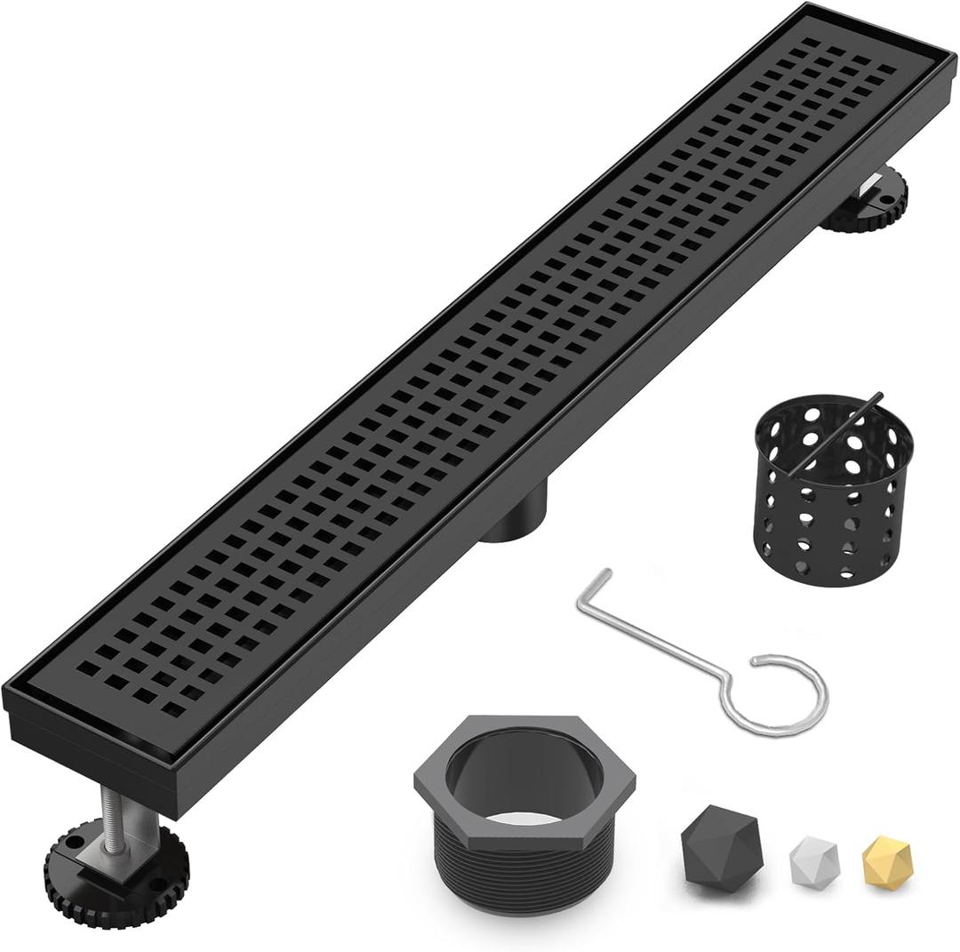 24 Inch Matte Black Linear Shower Drain with Removable Grate | AISI 304 Stainless Steel Shower Drain, Rectangle Shower Floor Drain with Adjustable Feet, Fits Bathroom & Balcony etc