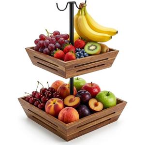 G.a HOMEFAVOR Acacia Wood Fruit Basket: 2-Tier Vegetable Storage with Banana Holder, Kitchen Countertop Organizer for Bread Snack, Large Size