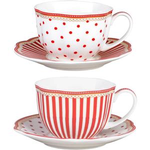 Red Dot Stripes Scallop 9-Ounce Porcelain Tea/Coffee Cup and Saucer, Set of 2