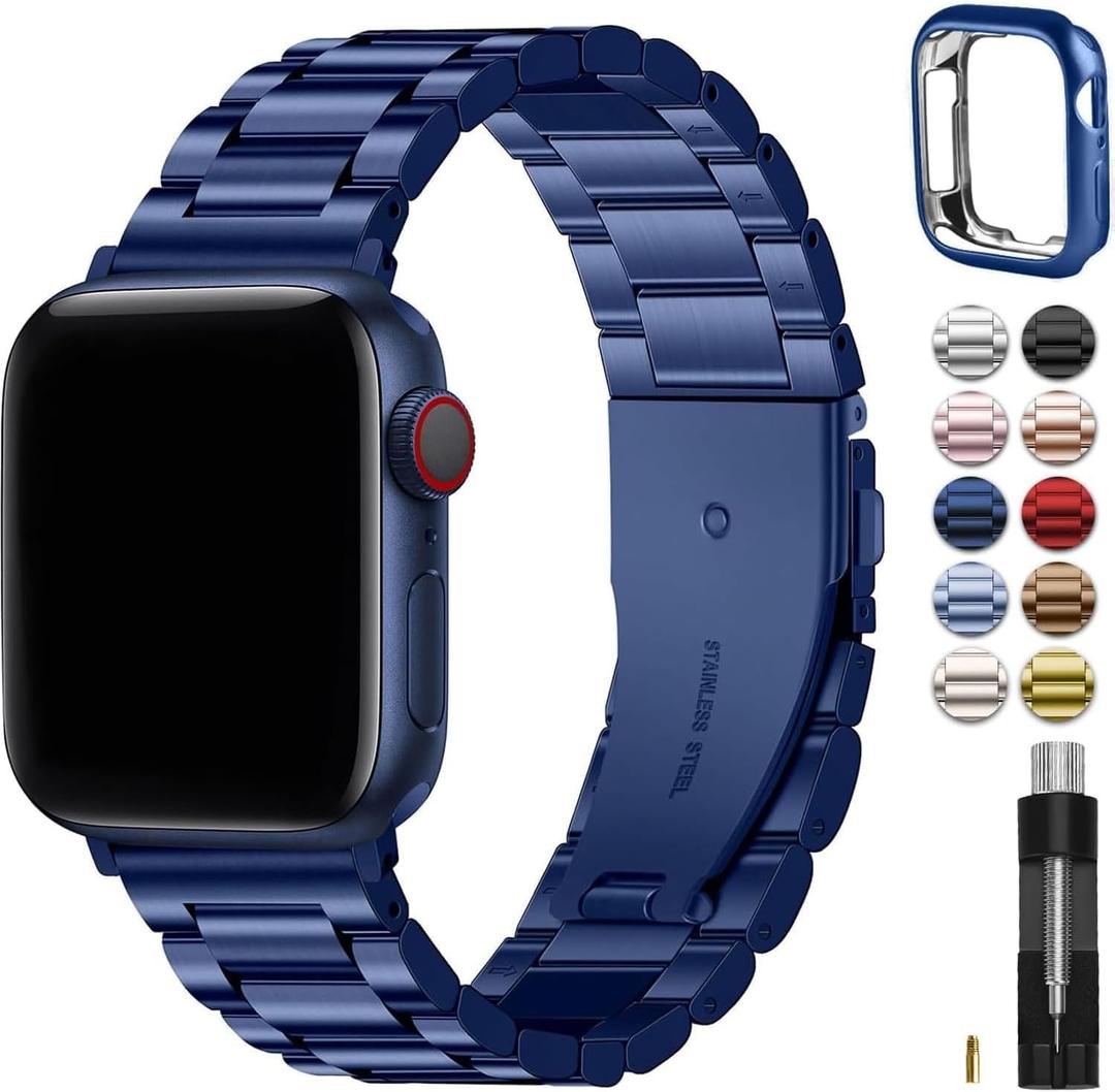 Fullmosa Metal Band Compatible with Apple Watch Bands 45mm 44mm 42mm, iWatch Band with Case for Apple Watch Series 9 8 7 6 5 4 3 2 1 SE3/2/1, Blue