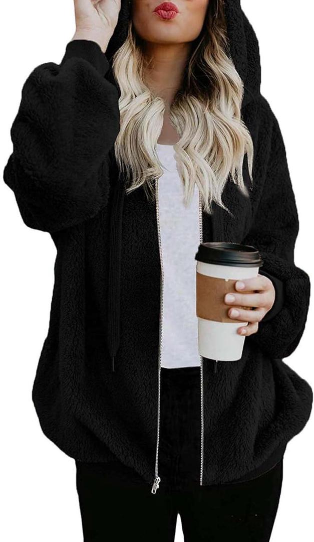 ReachMe Womens Oversized Sherpa Jacket Fuzzy Fleece Zip Up Hoodies with Pockets Warm Fall Outfits Winter Coats, Black, Large