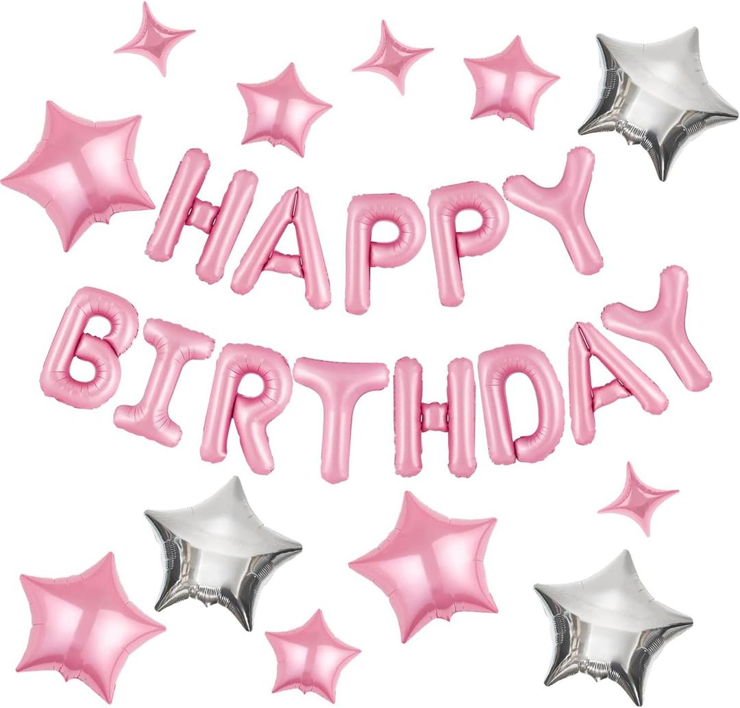 CANREVEL Happy Birthday Banner 13pcs 16 Inch Mylar Foil Letters with 12pcs Star Balloons Birthday Party Decorations for Kids and Adults - 3D Pink