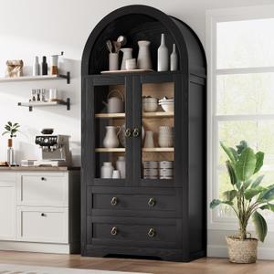 Kitchen Pantry Cabinet, Arched Bookshelf Bookcase China Pantry Storage Cabinet with Drawers Doors and Shelves,71 Tall Food Pantry Funiture for Living Room,Dining Room (Black)