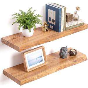 Acovy Extra Deep 24" Long Live Edge Rustic Floating Shelves for Wall, Solid Wood Wall Shelves with Invisible Bracket Mount for Living Room Bathroom Bedroom Kitchen, Set of 2, Natural, Live Edge, 24 inch, 2 Packs