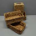 4 Small 3.6 QT Water Hyacinth Wicker Baskets for Shelves, 10" Long Woven Pantry Organizers and Storage Basket, Decorative Ratten Shallow Rectangle Baskets for Organizing Countertop Bathroom
