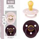 Bibs Pacifiers Color Collection, Set of 2 BPA-Free Latex Pacifiers Made in Europe, Round Nipple Baby Pacifier. (0+ Month (Pack of 2), Petal / Plum)