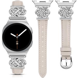 Minyee Celtic Knot Leather Band Compatible with Samsung Galaxy Watch 8 40mm 44mm/ 8 Classic 46mm Band Women, No Gap One-Click Slim Thin Dressy Premium Soft Leather Pretty Designer Adjustable Strap (Starlight/ Silver)