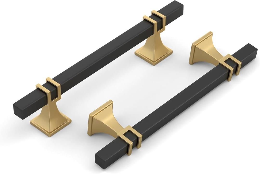 Haliwu 6 Pack 5 Inch Black and Gold Cabinet Pulls Matte Black Drawer Handles Square 2 Tone Hardware for Kitchen Cupboard (128mm(5 inch)-Hole Center Spacing, Black and Matte Gold)