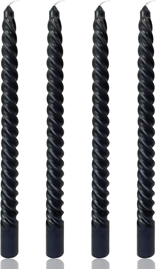 10 Inch Black Spiral Taper Candles for Dinner Party Halloween Home Decoration, 4 Pack Twisted Candlesticks for Wiccan Rituals Funeral and Memorial Services