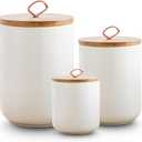 White Ceramic Canister Set with Wooden Lid, 3-Piece Food Storage Jars for Kitchen Counter, Storage Container for Coffee, Tea, Spice, Sugar, Grains, Salt