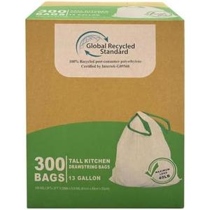 TYPLASTICS 300 Count 13 Gallon Tall Kitchen Drawstring Trash Bags, GRS Compliant, Eco-Friendly Recycled Material