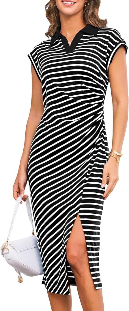 GRACE KARIN Women's Casual Summer Dresses Striped Polo V Neck Cap Sleeve Side Slit Ruched Bodycon Stretch Midi Dresses
 M