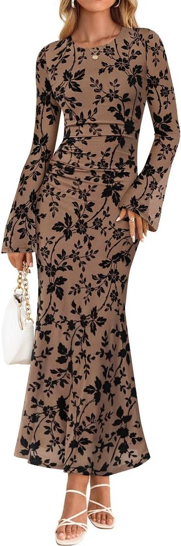 ZESICA Women's Long Sleeve Floral Bodycon Dress 2026 Spring Fall Ruched Mesh Wedding Guest Cocktail Party Maxi Dresses Size M