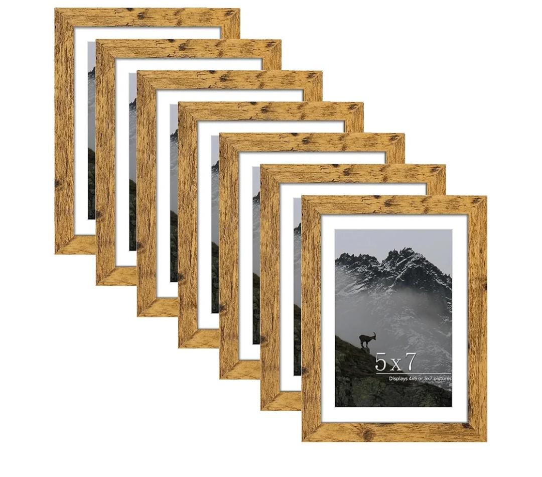 Picrit 5x7 Picture Frame Set of 7, Display 5x7 with Mat or 4x6 without Mat, Photo Frames for Wall Mounting or Table Top Display, Brown