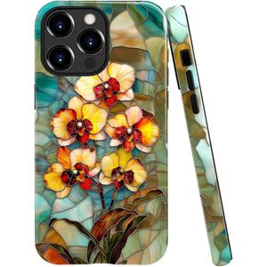 DAIZAG Case Compatible with iPhone 15 Pro Max,Glossy Durable Shock Protection Cover for Girl Women,Orchid Flower Stained Glass